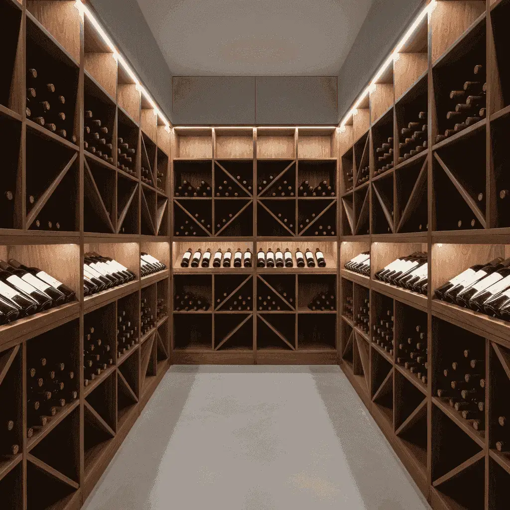 A well-organized wine cellar with bottles stored horizontally in wooden racks.