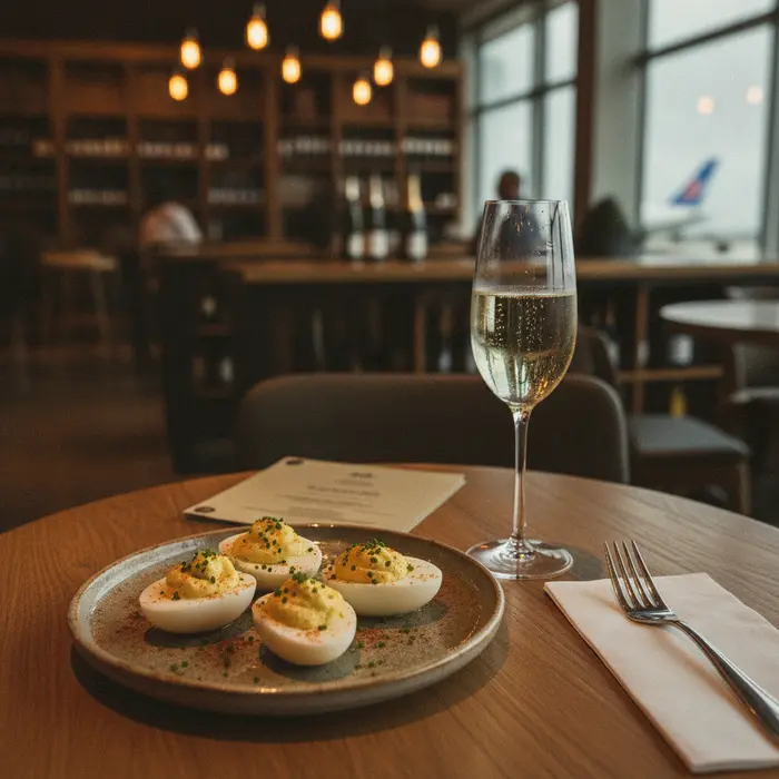 An airport wine bar table with a plate of deviled eggs and a glass of sparkling white wine