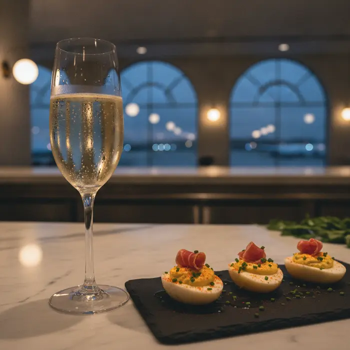 A glass of chilled Spanish Cava next to gourmet deviled eggs