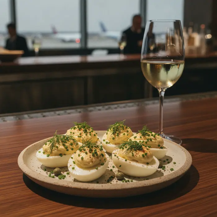 A beautifully arranged plate of home-cooked deviled eggs garnished with fresh herbs and spices