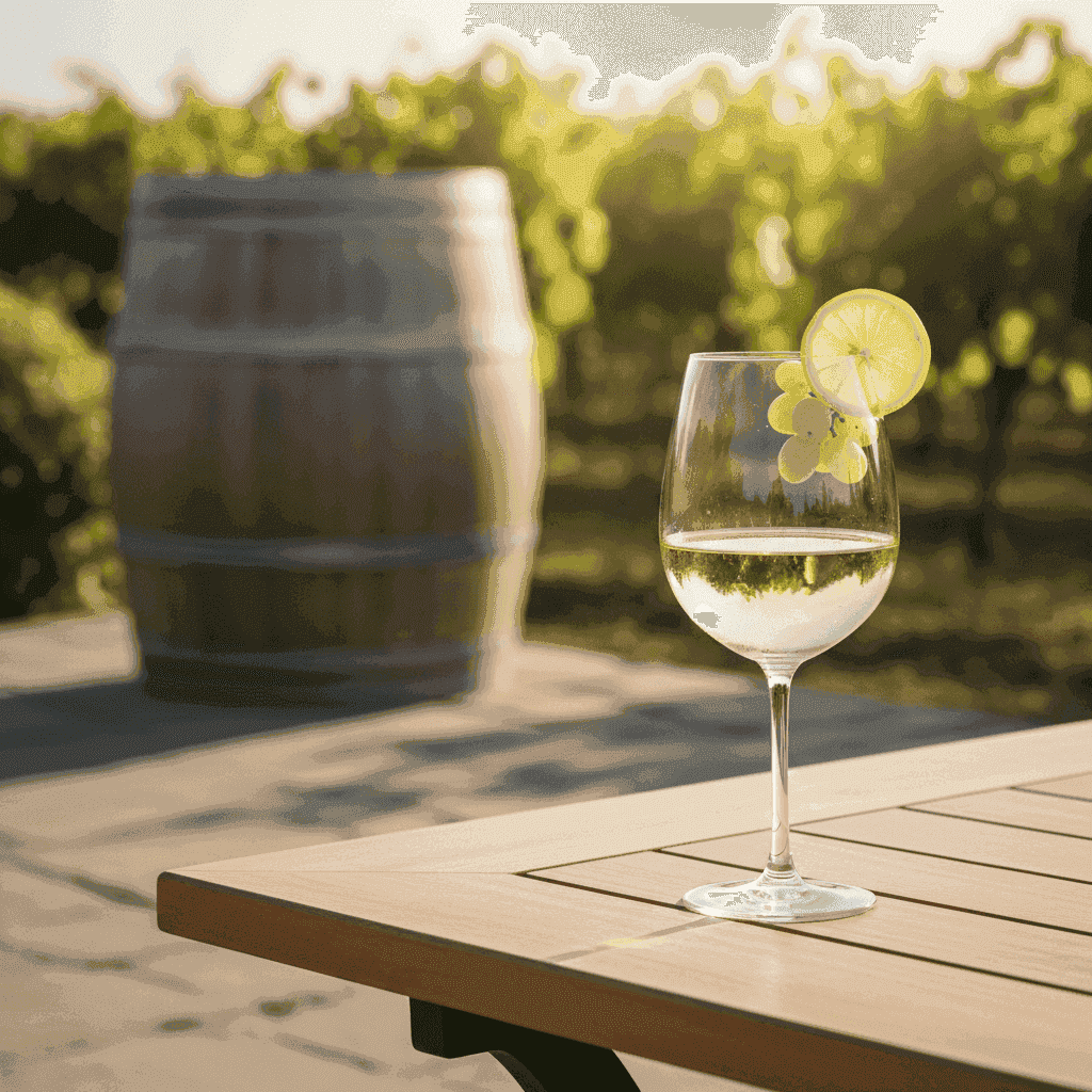 Ein Glas knackiger Weißwein auf einer sonnigen Terrasse, der Entspannung symbolisiert.