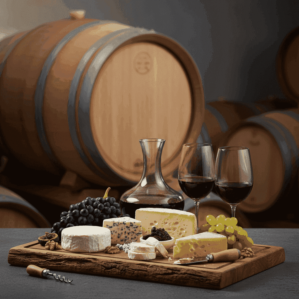 Eine Auswahl an Käse und Trauben, gepaart mit Rotwein, auf einem rustikalen Holzbrett.