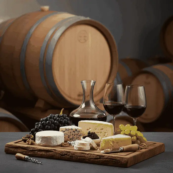 A selection of cheeses and grapes paired with red wine, on a rustic wooden board.