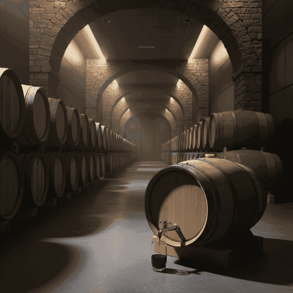 Reihen von Weinflaschen in einem schwach beleuchteten Keller, die ein Gefühl von Ruhe und Geschichte hervorrufen.