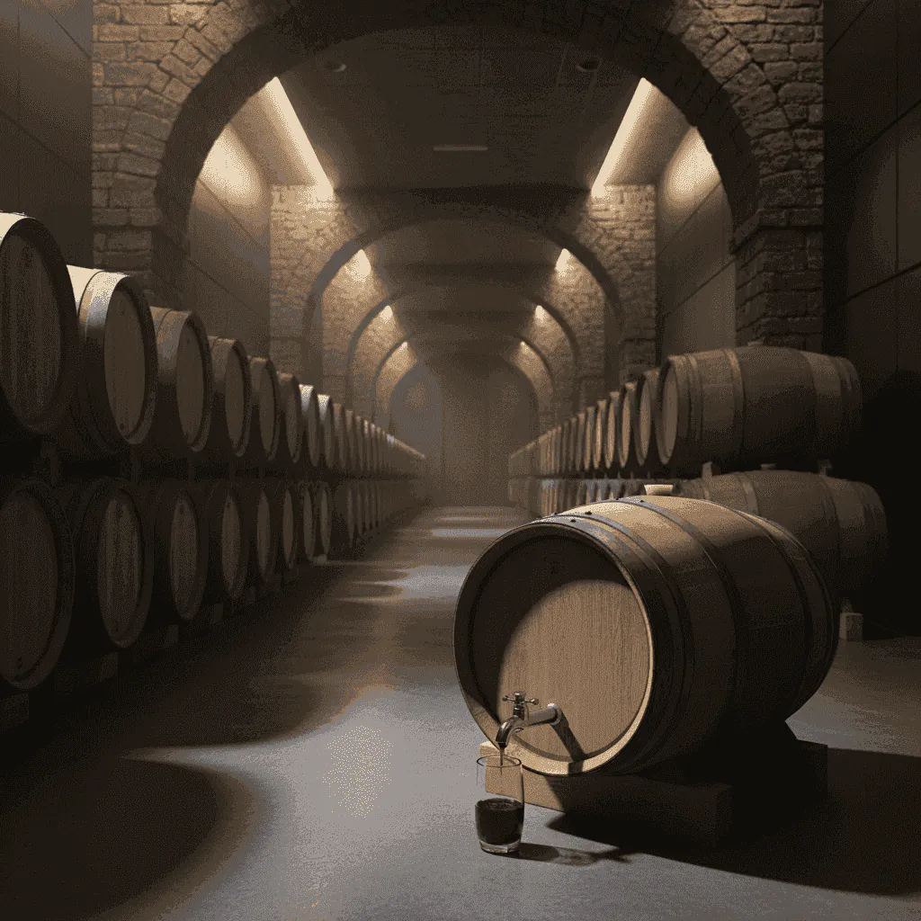 Rows of wine bottles in a dimly lit cellar, evoking a sense of calm and history.