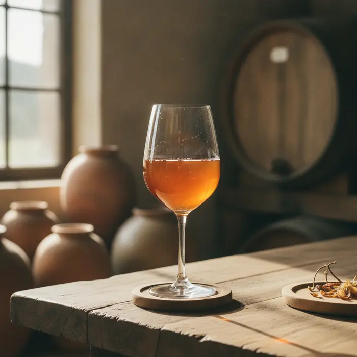 A glass of orange skin-contact wine showing deep amber hues