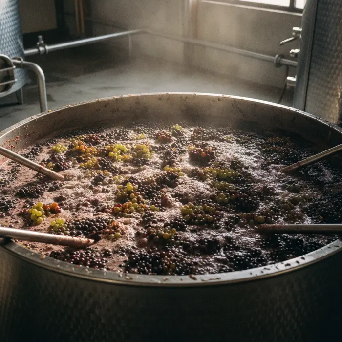 Red and white wine grapes being processed together in a fermentation tank