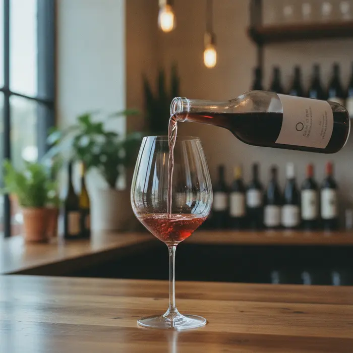A bottle of light chilled red being poured into a large glass
