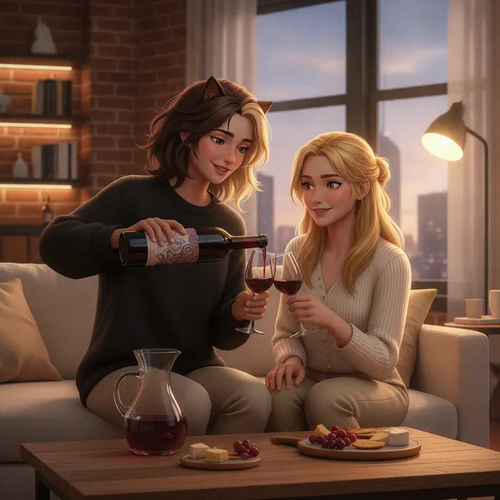 Illustration of characters sharing wine