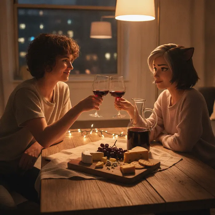 A simple wine set up for two with glasses and cheese