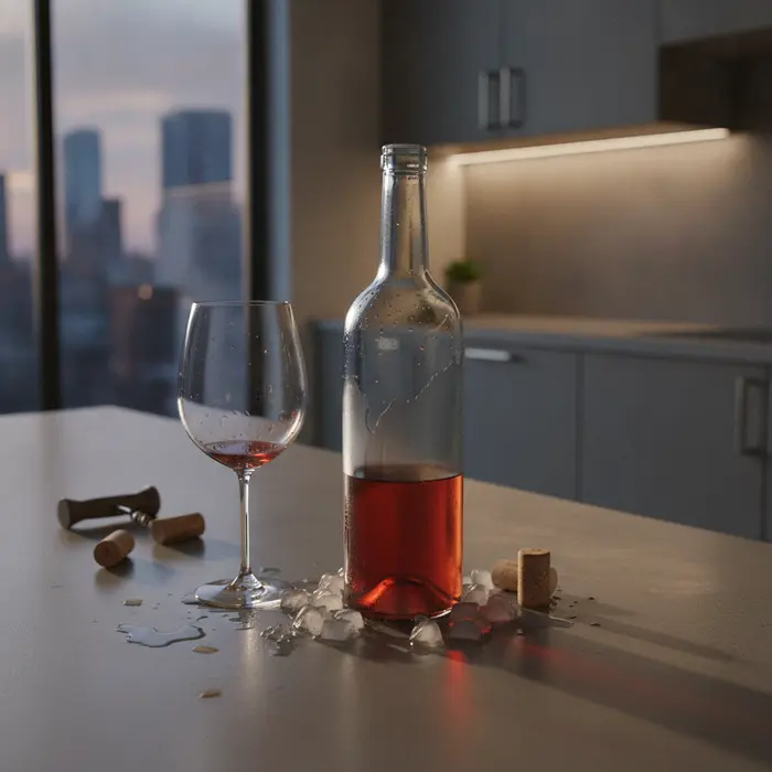 A partially empty red wine bottle on a kitchen counter