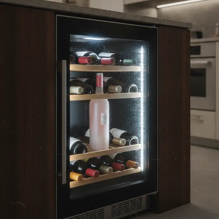 A small home wine cooler filled with properly stored bottles