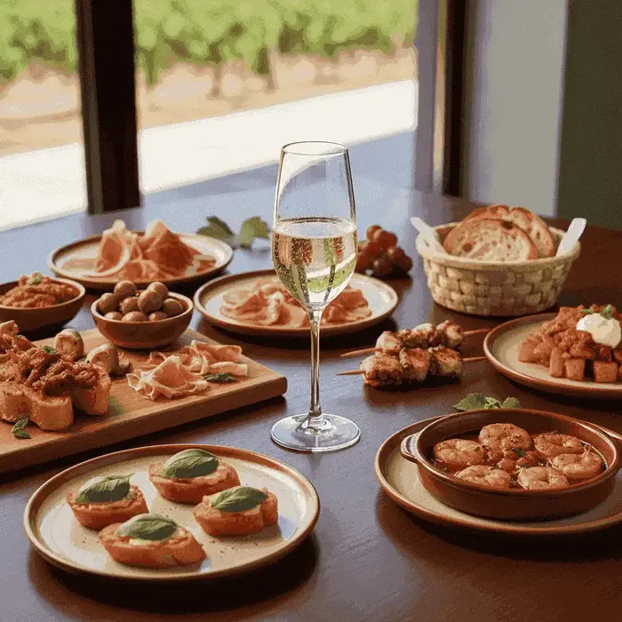 Auswahl spanischer Tapas mit einem Glas Cava