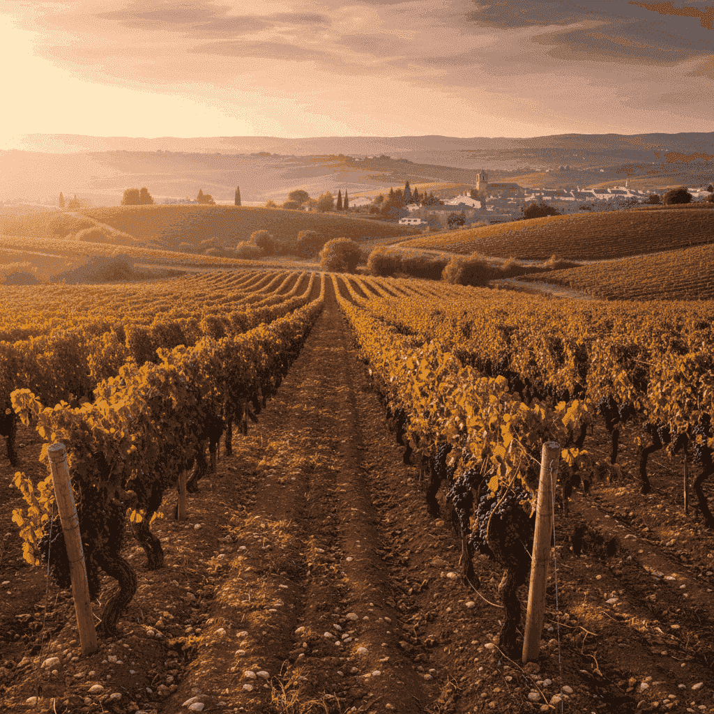 Tempranillo grapevines at sunset in a Spanish vineyard