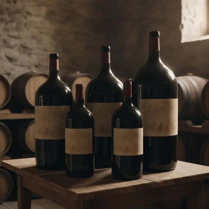 A collection of large-format wine bottles from Magnum to Nebuchadnezzar