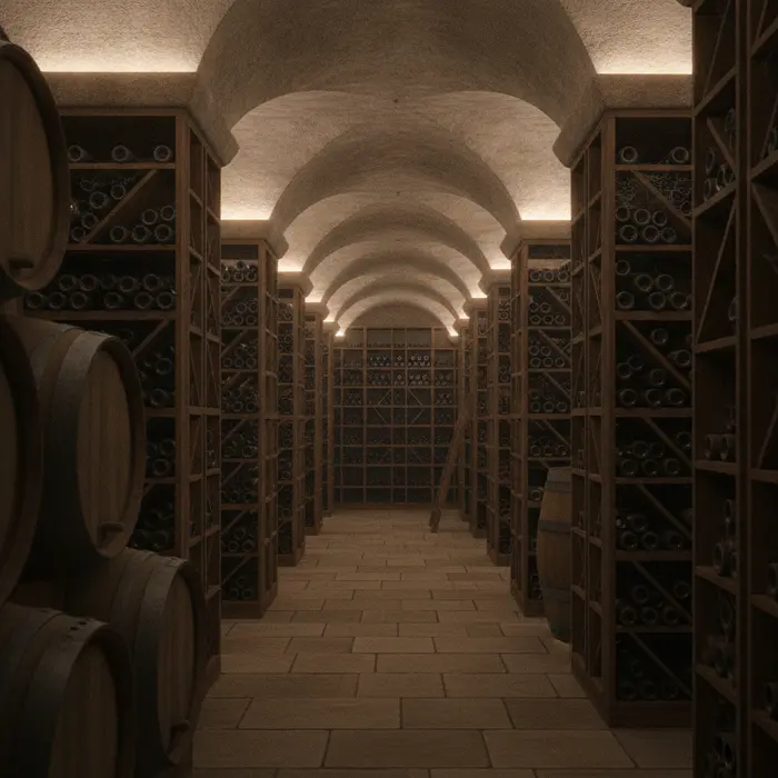 A massive underground wine cellar filled with wooden racks