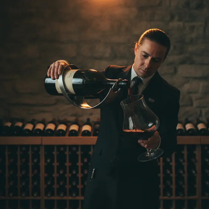 A sommelier using a metal cradle to pour from a double magnum