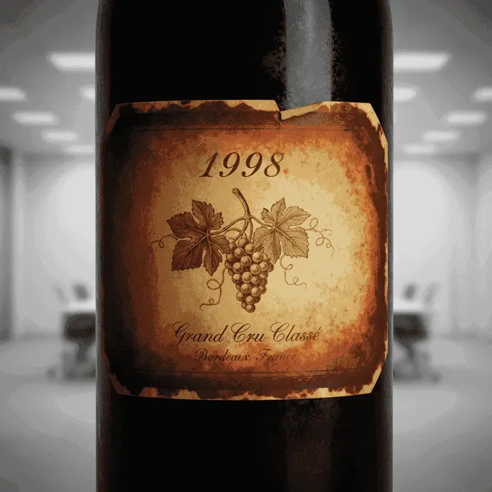 A close-up of an aged wine bottle label, showing the vintage and a slight discoloration indicative of age.