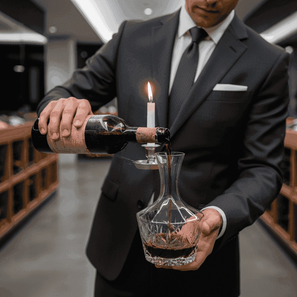 Сомелье аккуратно переливает выдержанное красное вино в хрустальный декантер, используя свечу для освещения.