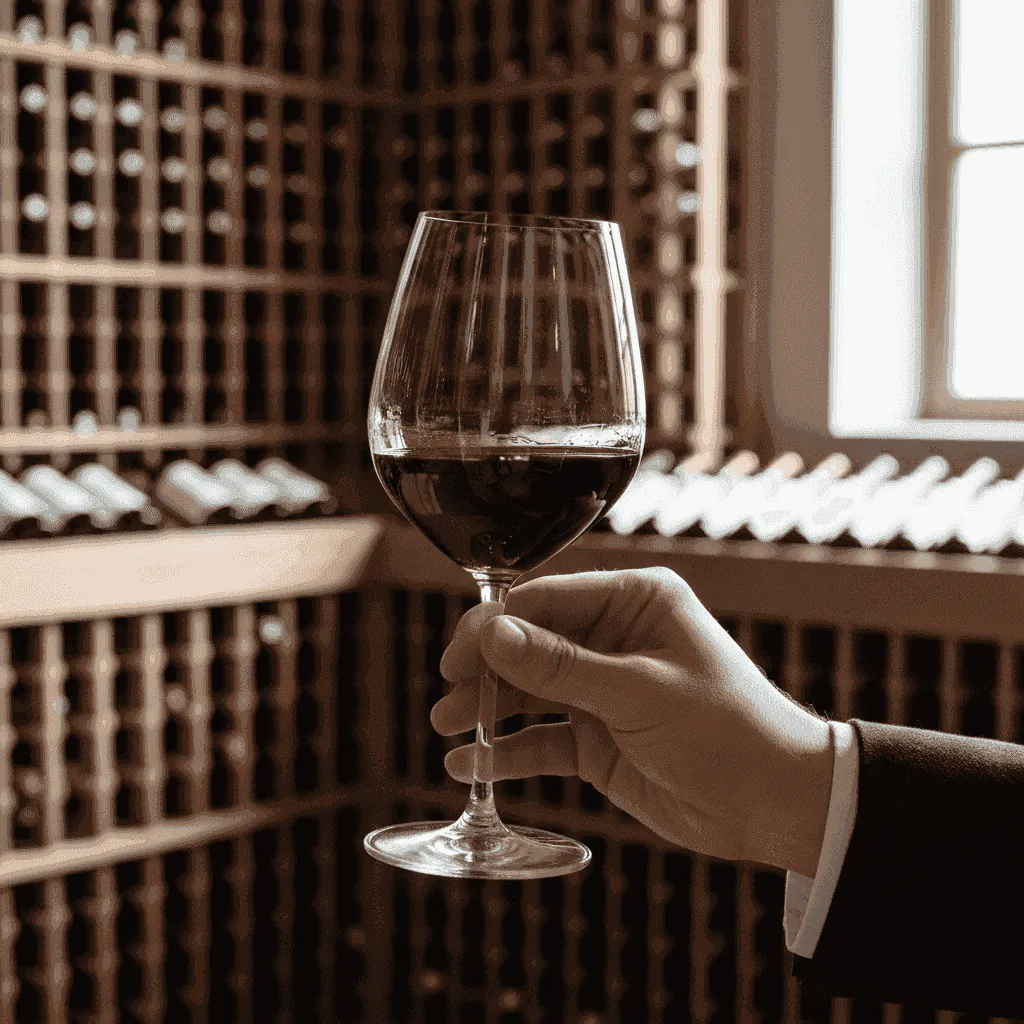 A hand holding a glass of aged red wine, showing its brick-red rim, against a blurred background of a wine cellar.