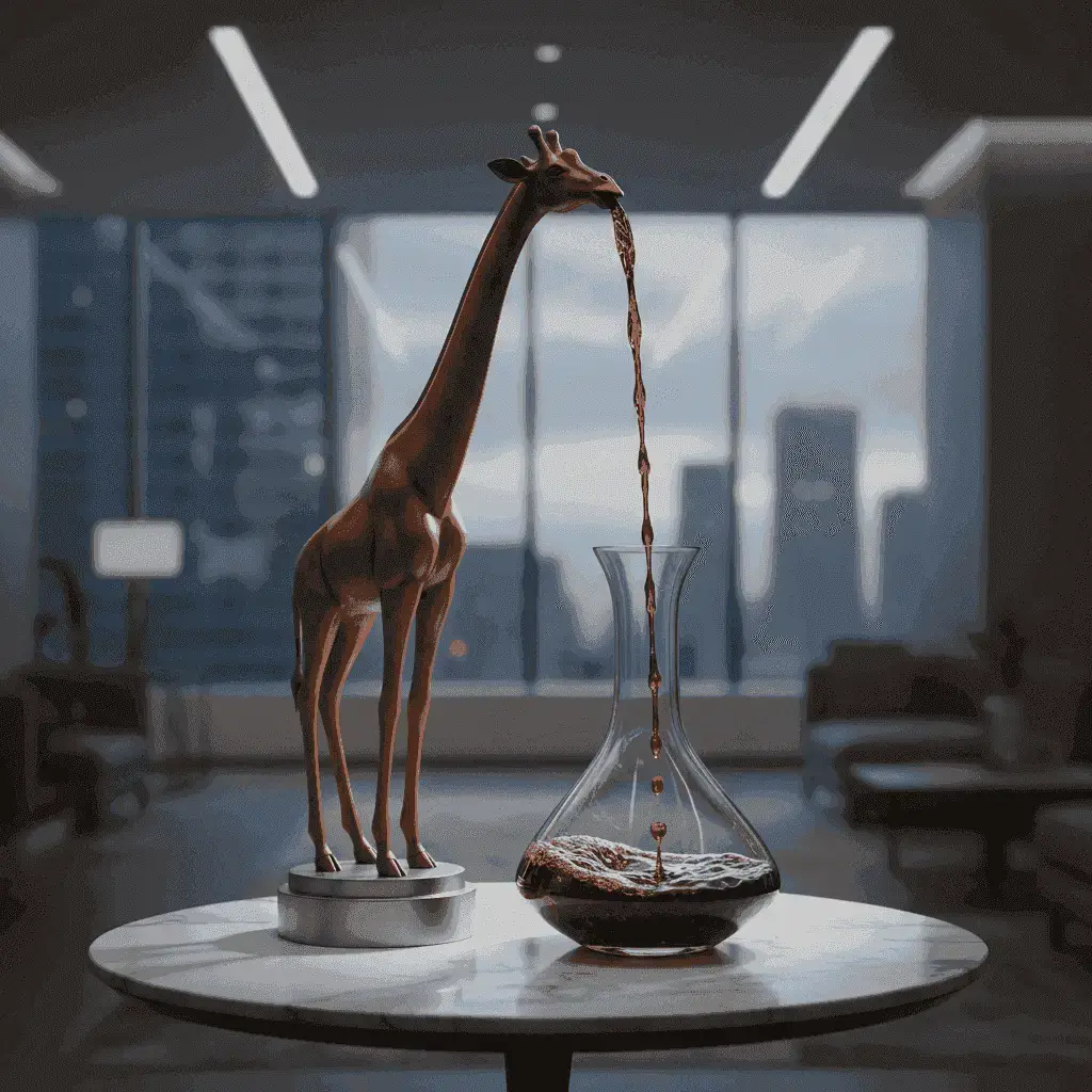 Вино изящно наливают в высокий элегантный декантер, символизирующий концепцию «Жирафа винного разлива».