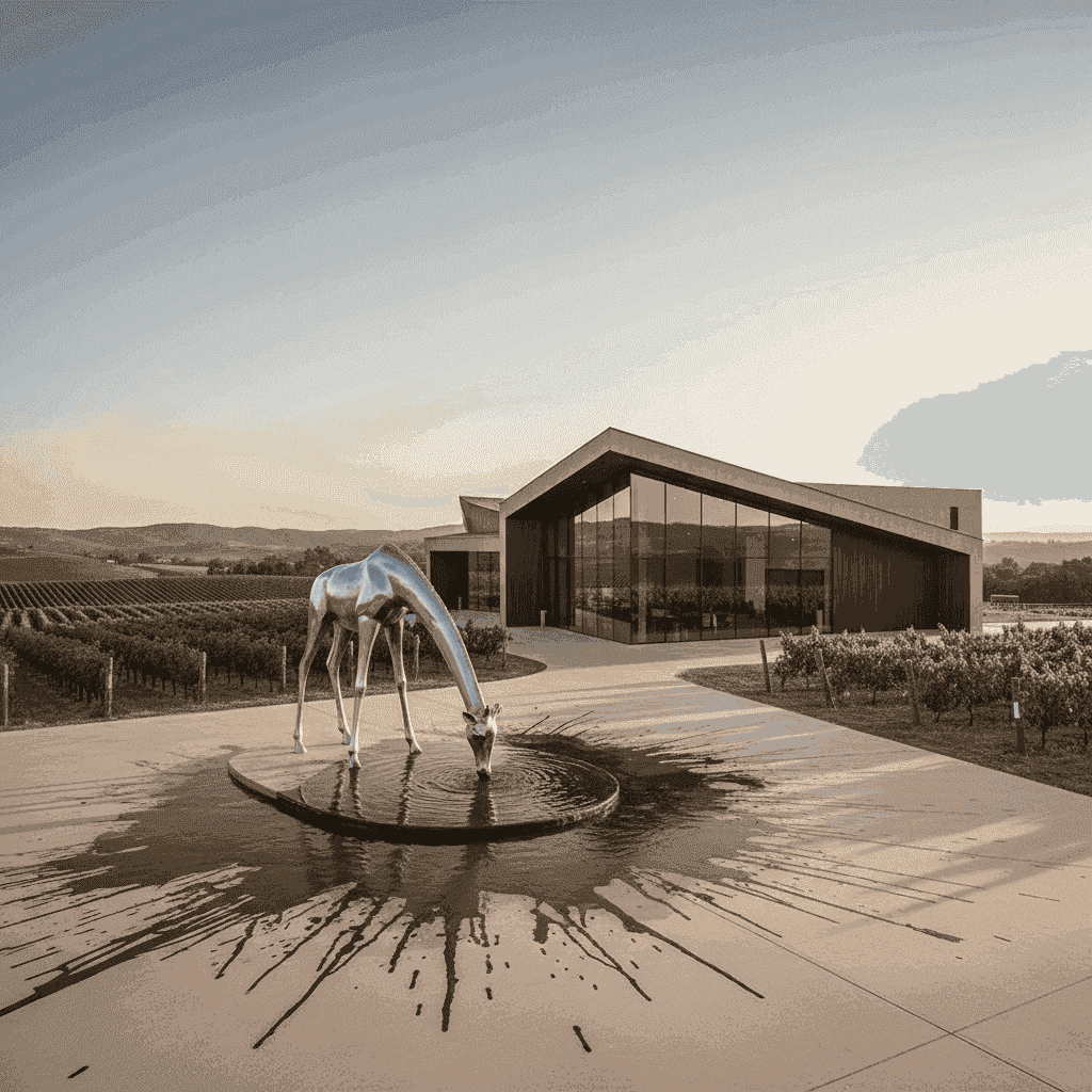 A modern, architecturally distinct winery building nestled in a vineyard landscape.