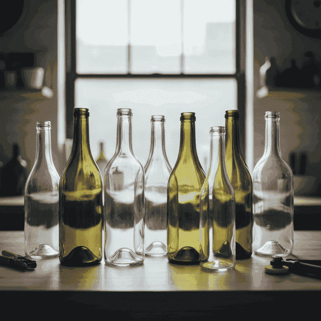 A collection of diverse wine bottles, including Bordeaux, Burgundy, and Rhine styles, ready for upcycling.