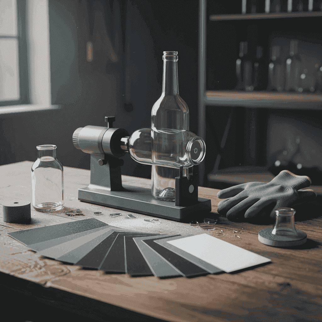 A collection of glass cutting and sanding tools, including a bottle cutter, sandpaper, and safety gloves, laid out for an upcycling project.