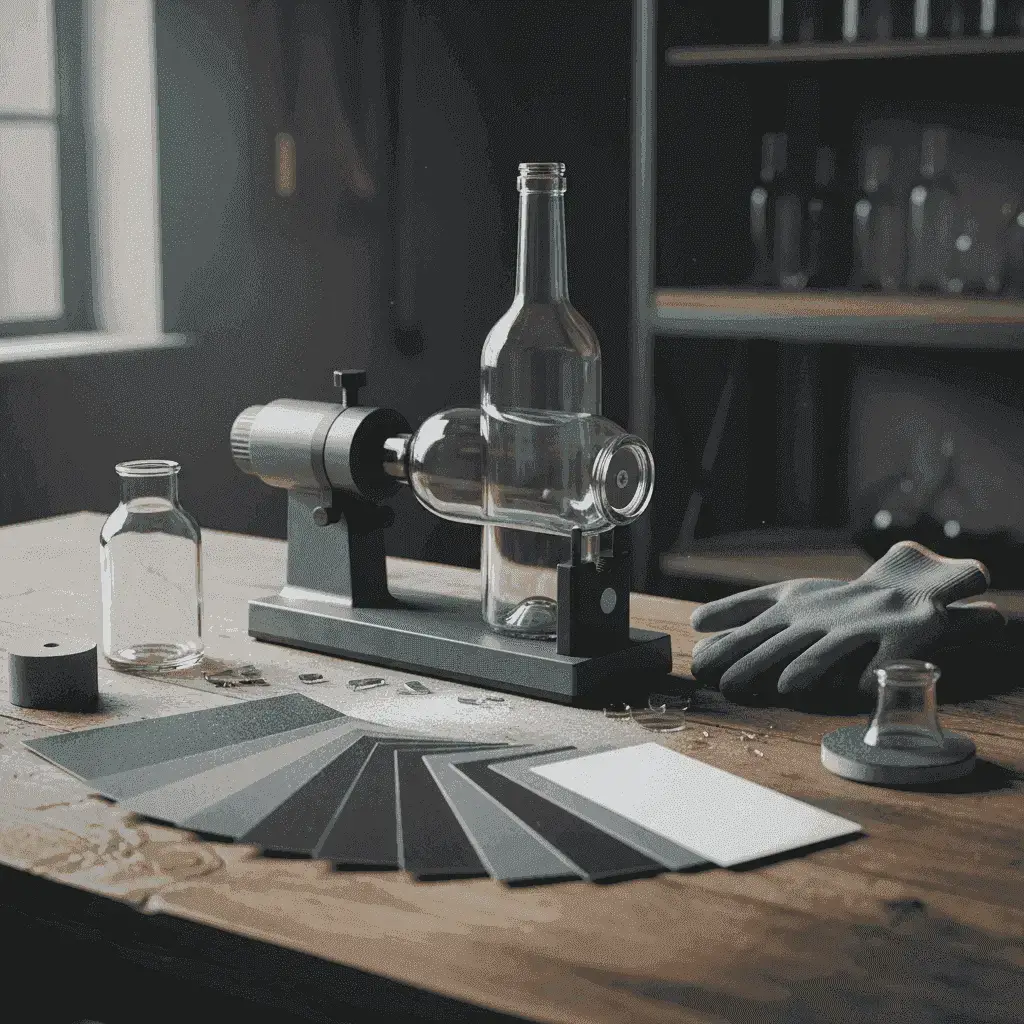 Набор инструментов для резки и шлифовки стекла, включая резак для бутылок, наждачную бумагу и защитные перчатки, разложенные для проекта по переработке.