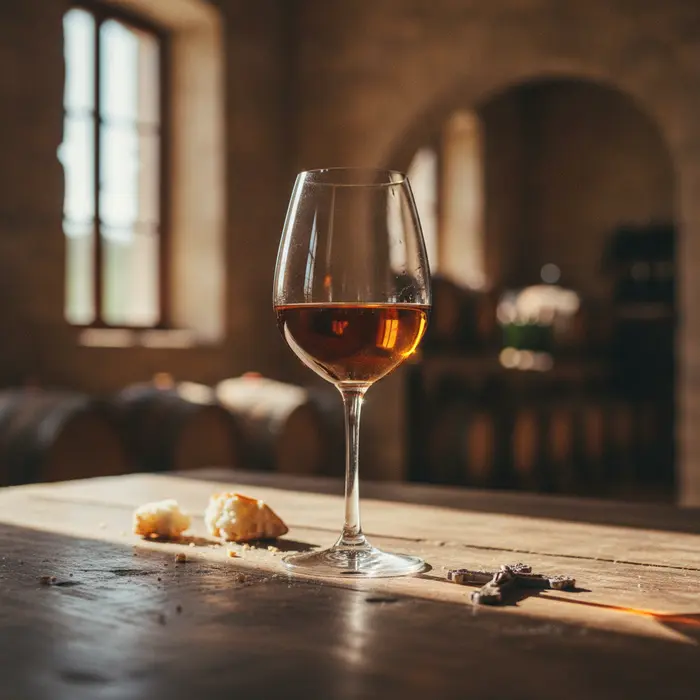 A glass of amber-colored sweet dessert wine catching the light