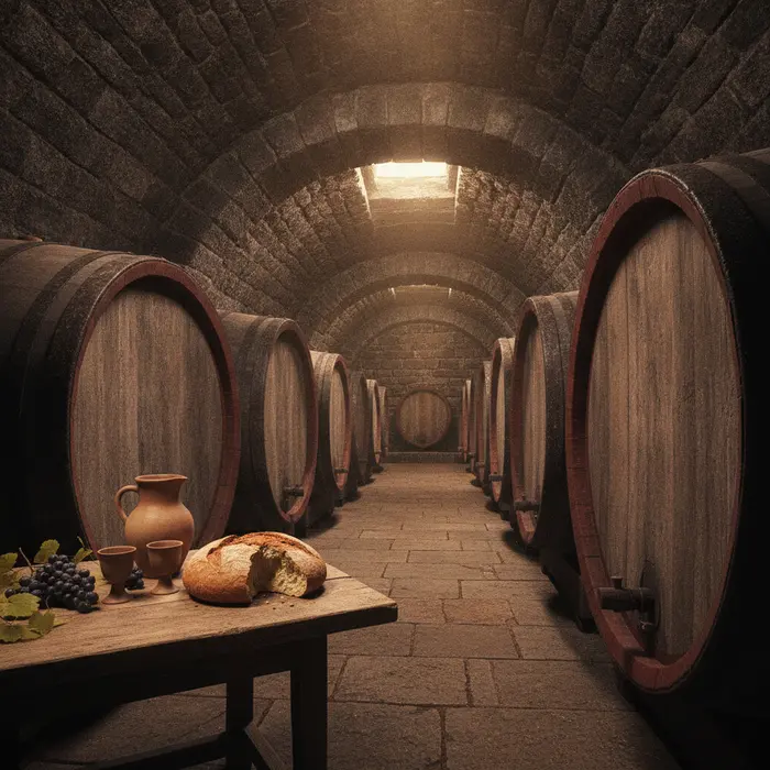 A dark stone arched wine cellar with oak barrels representing monastic wine history