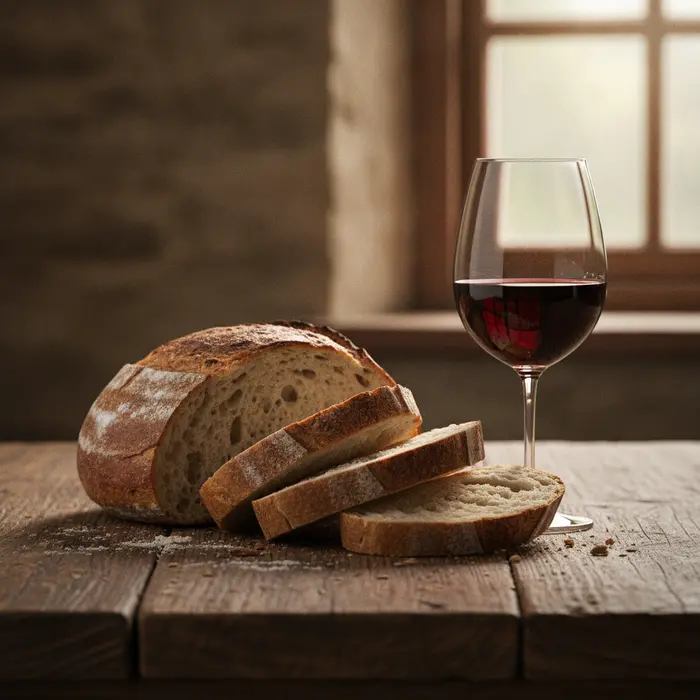 Artisanal sourdough bread sliced next to a glass of deep red wine on a wooden table