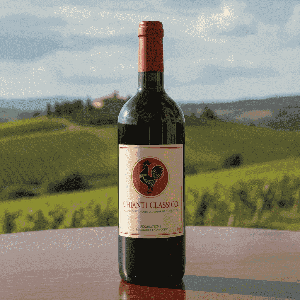 A bottle of Chianti Classico wine with a label showing the Black Rooster symbol