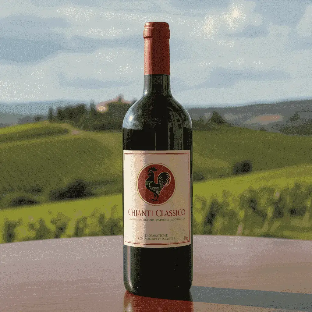 Eine Flasche Chianti Classico Wein mit einem Etikett, das das Symbol des Schwarzen Hahns zeigt