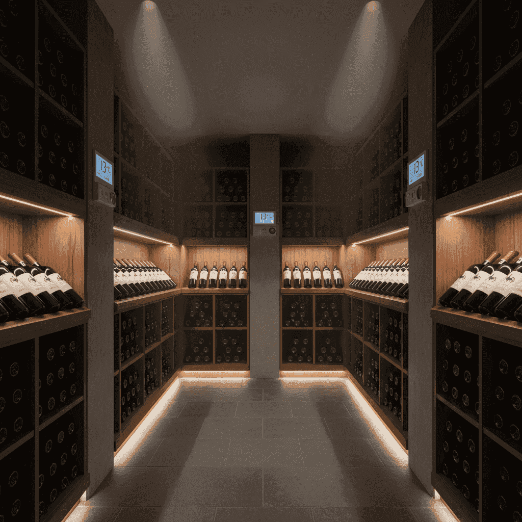 Wine bottles in a dimly lit cellar, showing ideal storage conditions