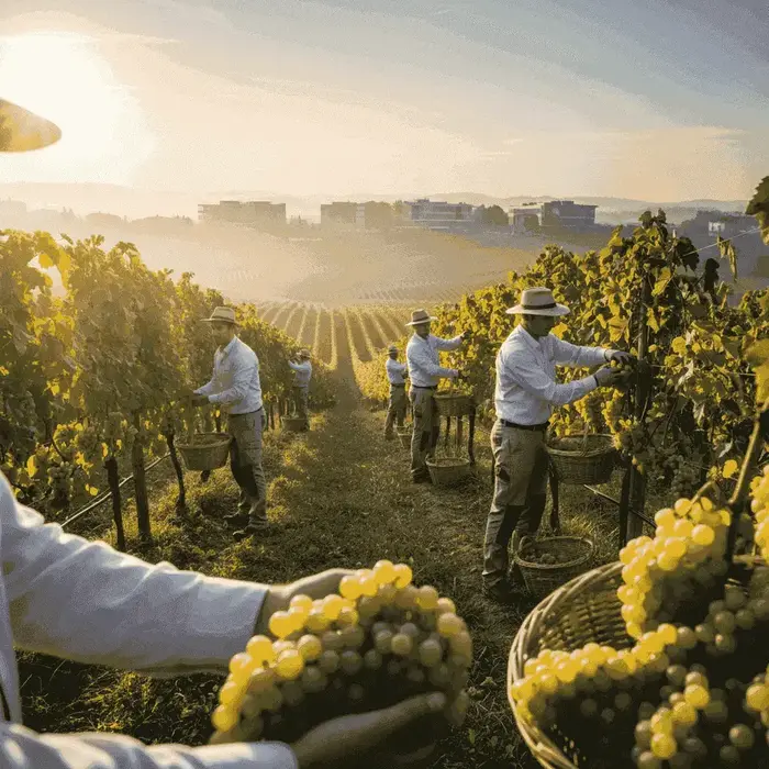 Arbeiter ernten Glera-Trauben von Hand in einem Weinberg