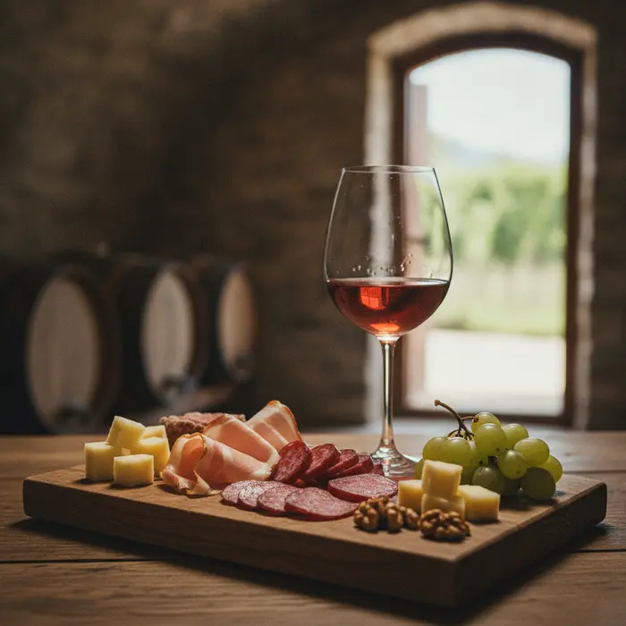 A glass of light red Cvicek wine served with charcuterie