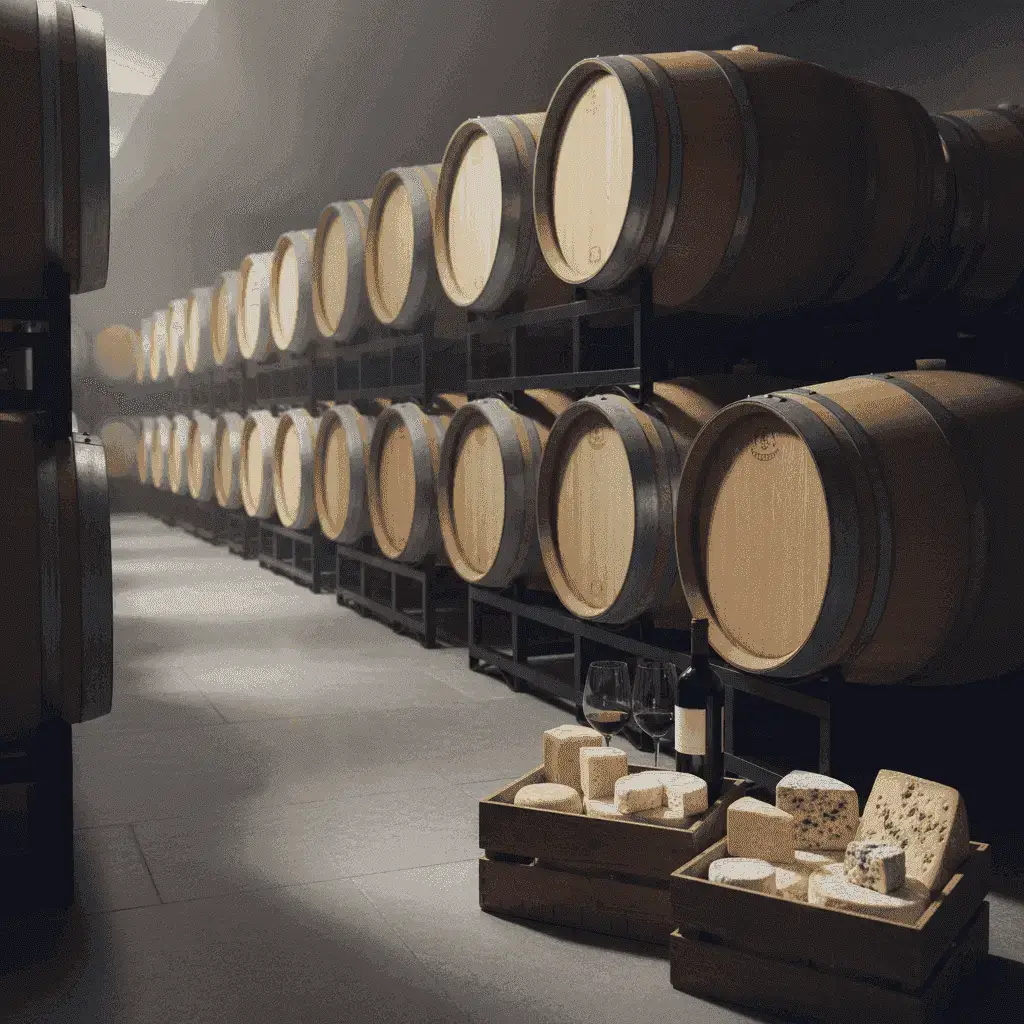 Rangées de fûts de chêne vieillissant dans une cave faiblement éclairée