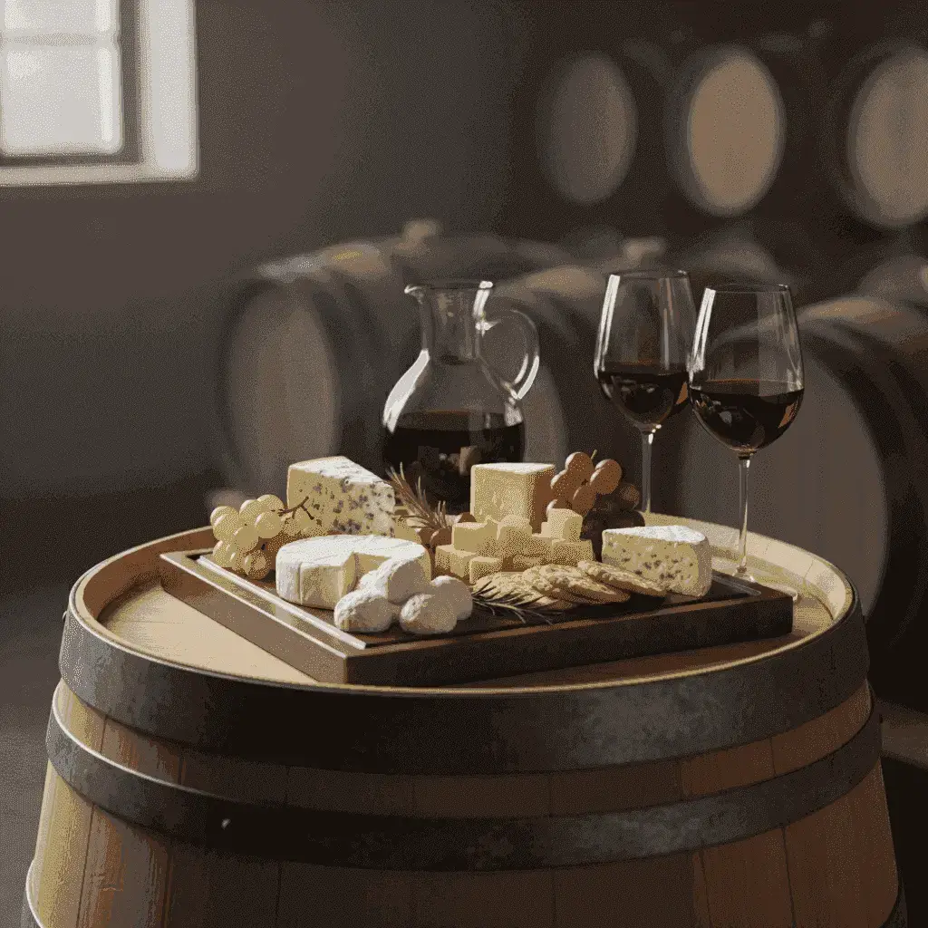 Élégante planche de vin et de fromage avec des raisins, des crackers et divers fromages