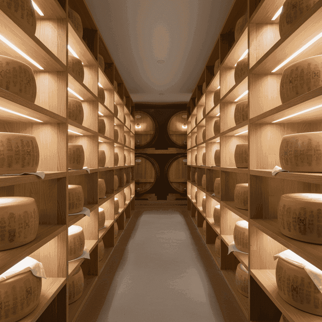 Traditional Italian cheese wheels aging on wooden shelves in a cellar