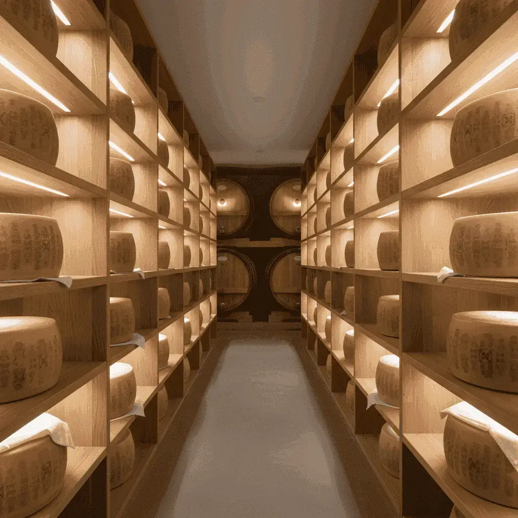 Meules de fromage italiennes traditionnelles affinées sur des étagères en bois dans une cave