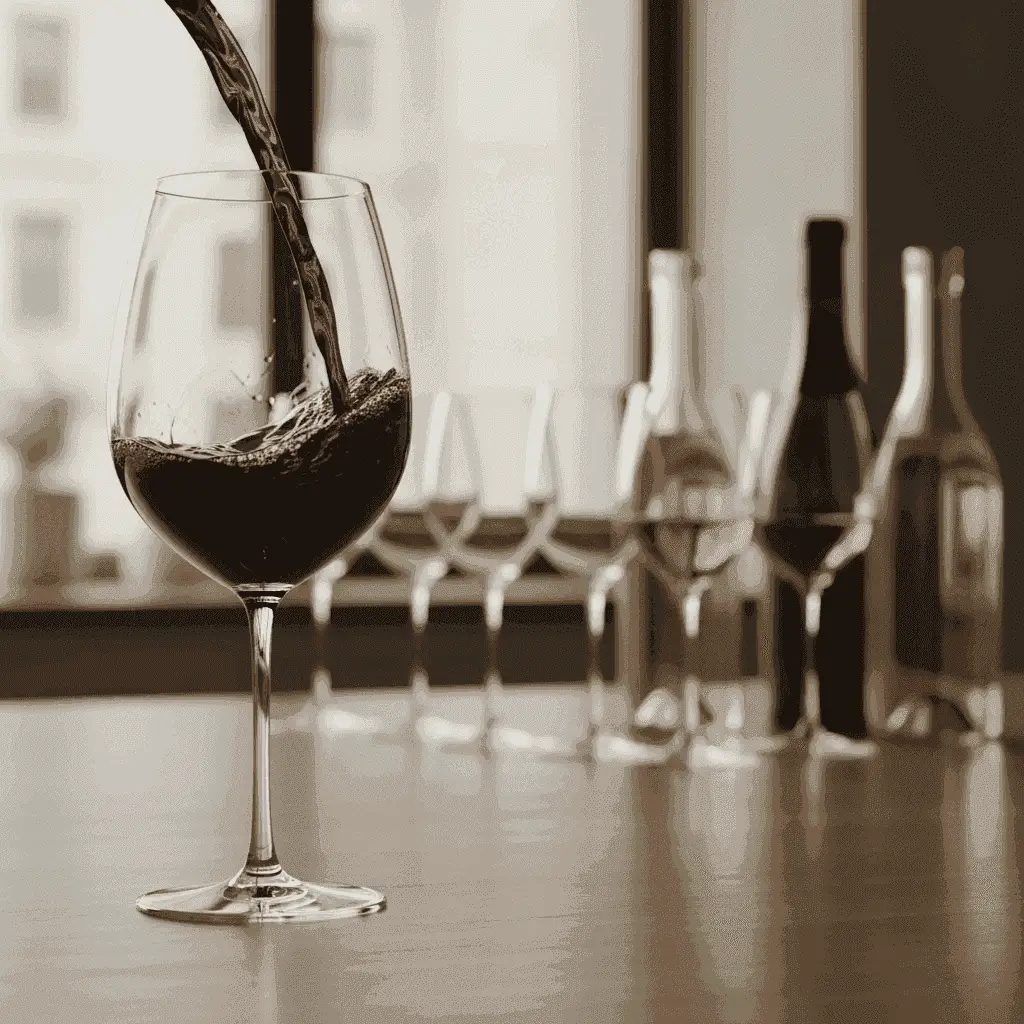 Glass of deep red wine being poured, illustrating higher calorie red wines.