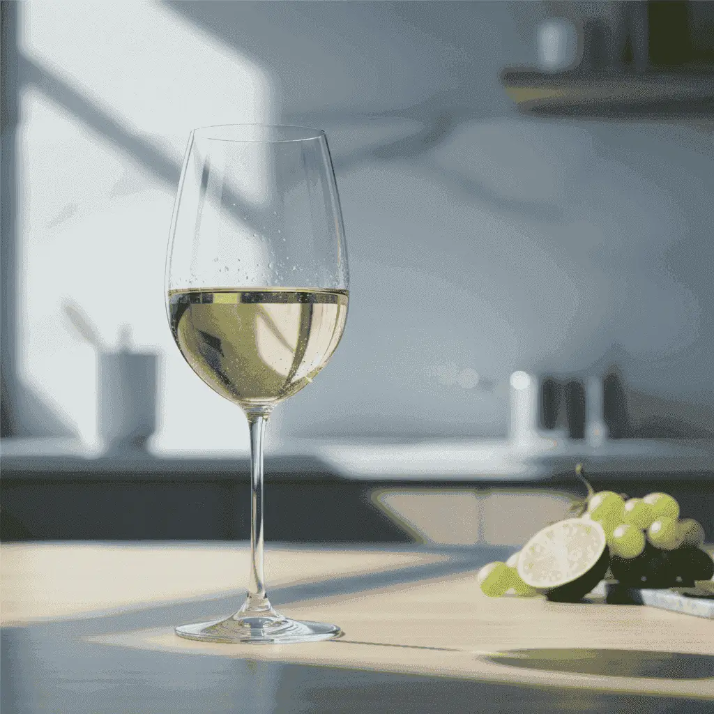 Crisp glass of white wine with light reflection, representing lower calorie white wines.