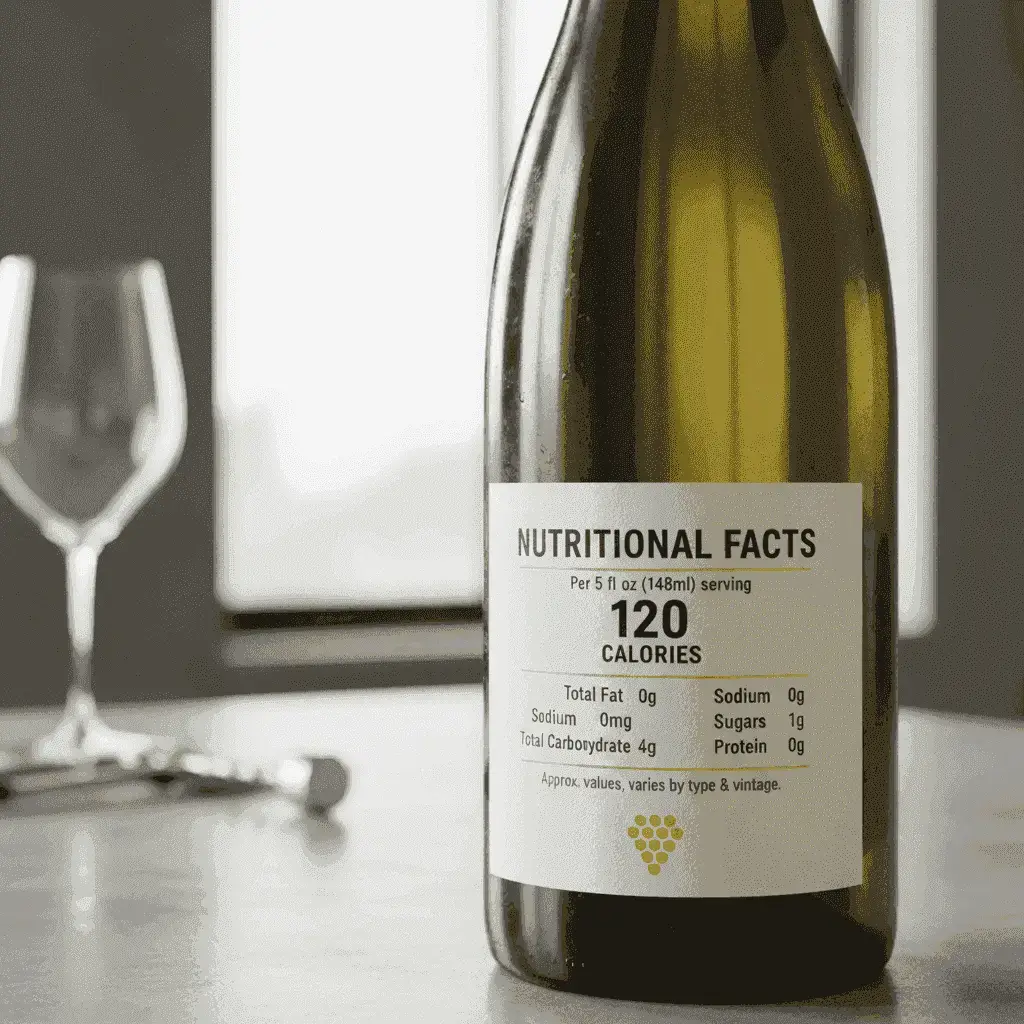 Close-up of a wine bottle label showing nutritional information.