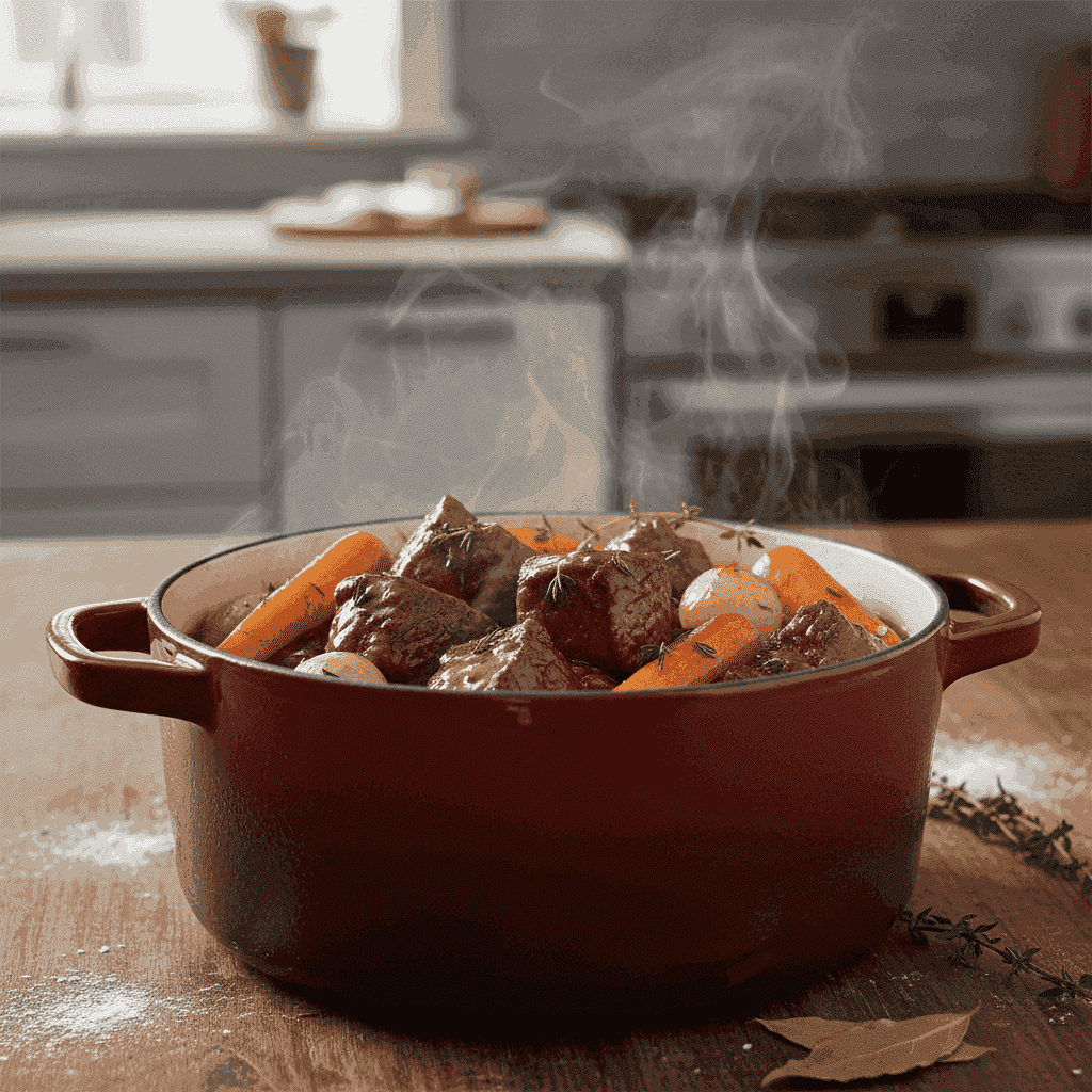 Rich beef braise cooked with red wine, served in a rustic pot.