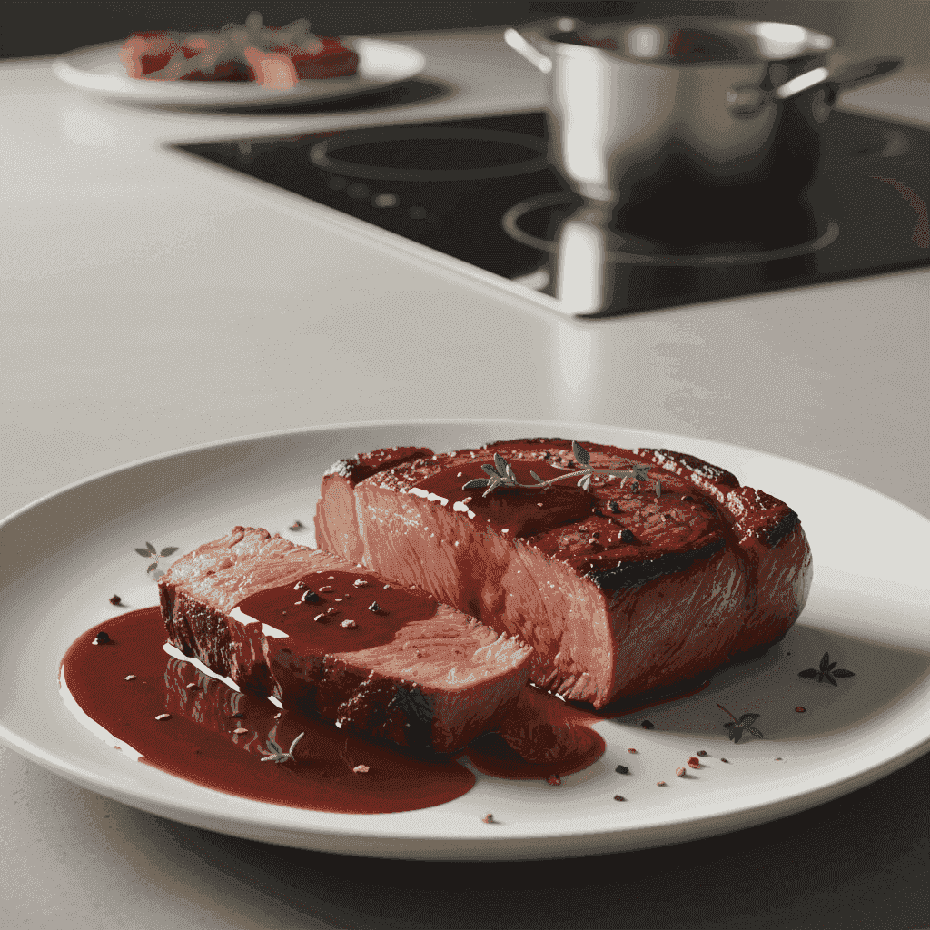 Perfectly cooked steak with a rich, glossy red wine reduction sauce.