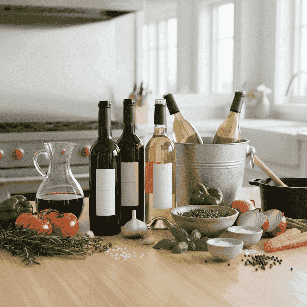 A variety of wines bottles arranged with cooking ingredients like herbs, garlic, and fresh vegetables.
