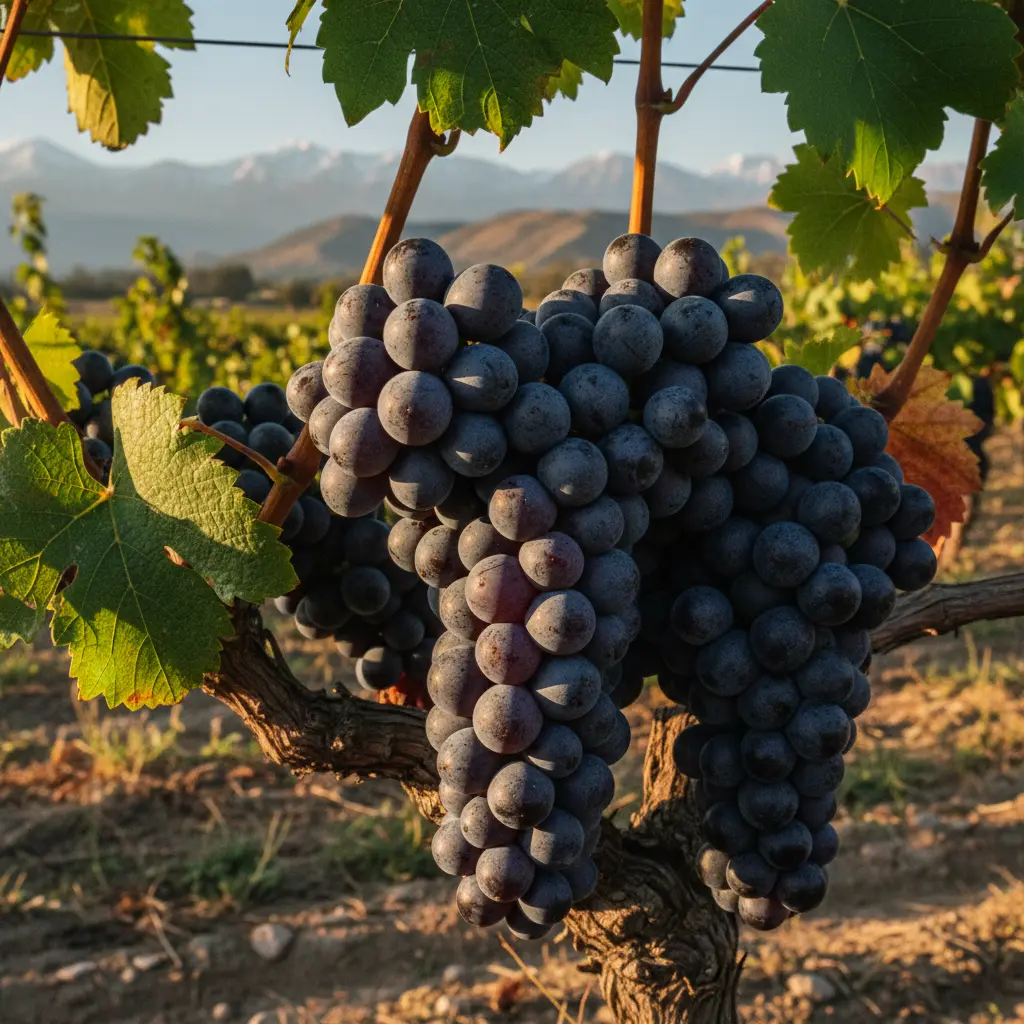 Close-up of ripe Malbec grapes on the vine in a Mendoza vineyard