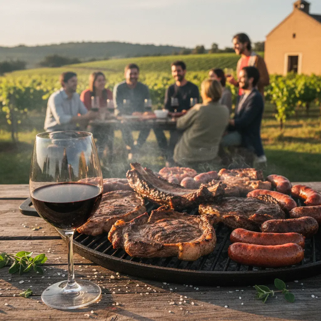 Traditional Argentine asado (barbecue) with various cuts of grilled meat and a glass of red wine