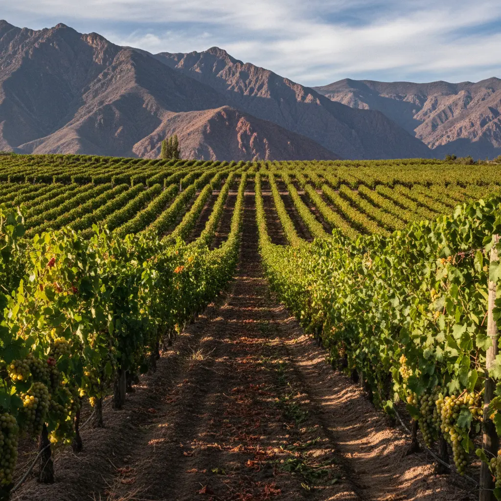 A vineyard in Salta, Argentina, with Torrontés grapes on the vine and mountains in the background